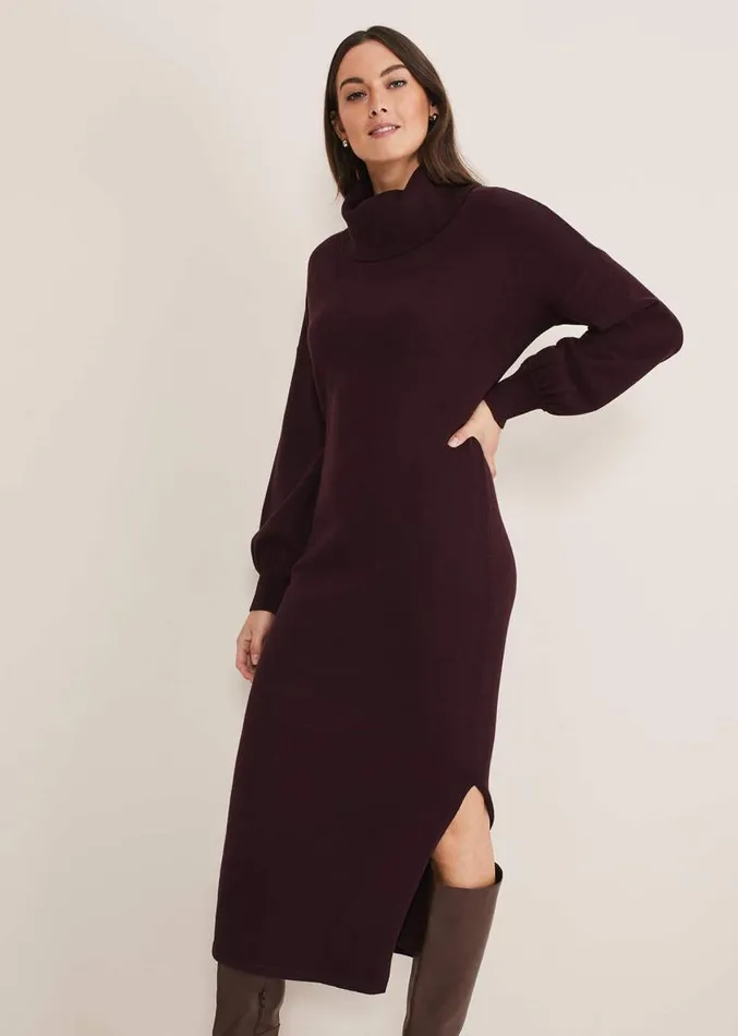 Aileen Maxi Roll Neck Knit Dress Burgundy Women Phase Eight Dresses