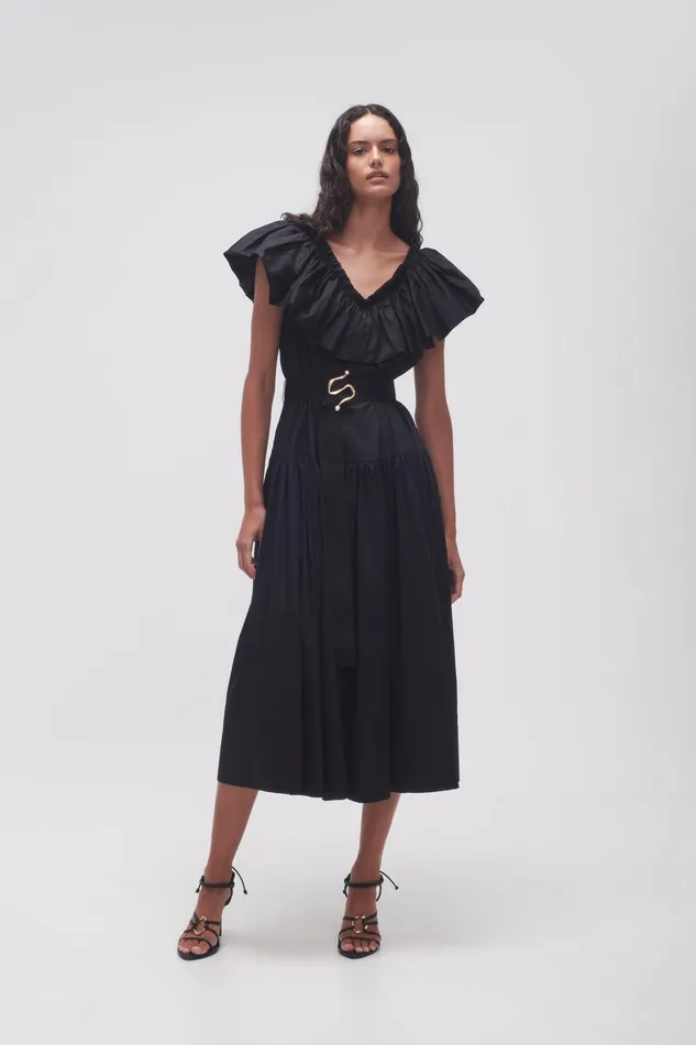 Aje Alma Bubble Frill Midi Dress Black Women Dresses
