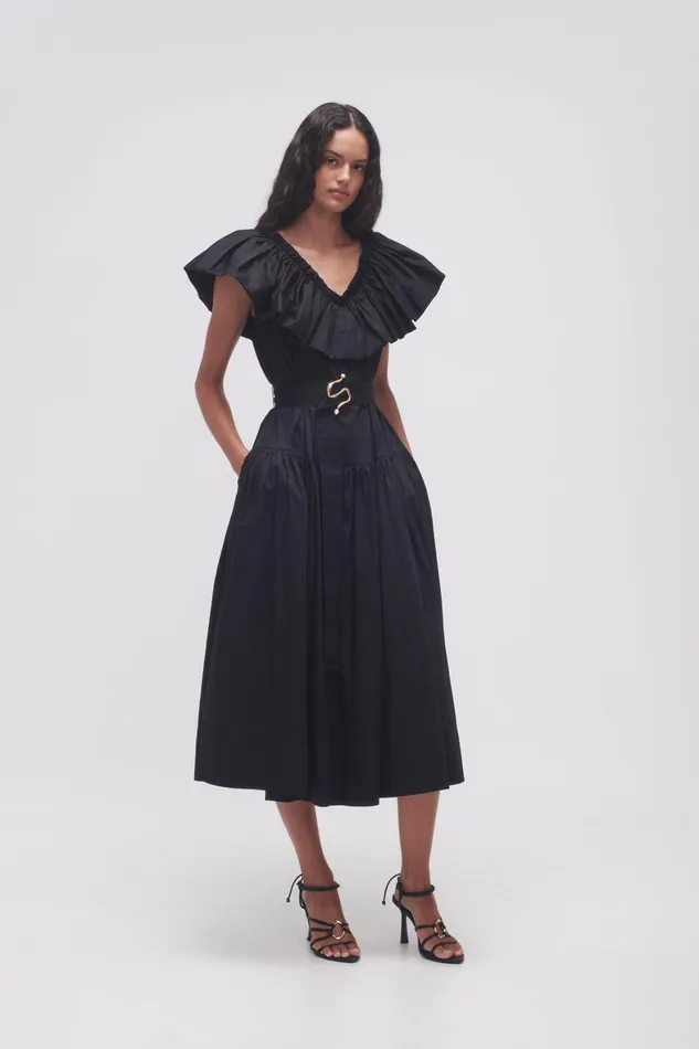 Aje Alma Bubble Frill Midi Dress Black Women Dresses