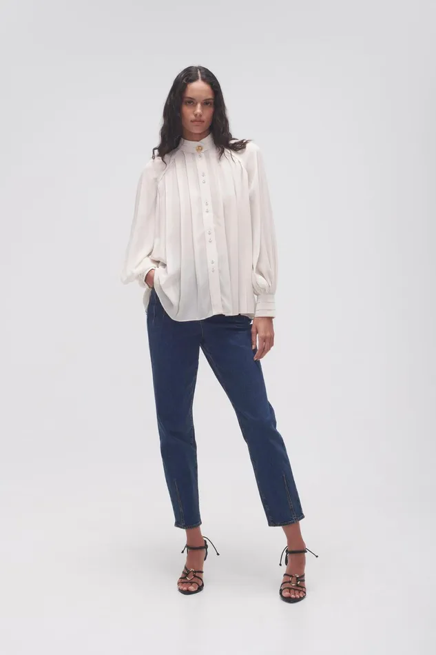 Aje Beatrice Pleated Blouse Coconut Cream Women Tops