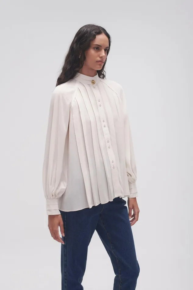 Aje Beatrice Pleated Blouse Coconut Cream Women Tops