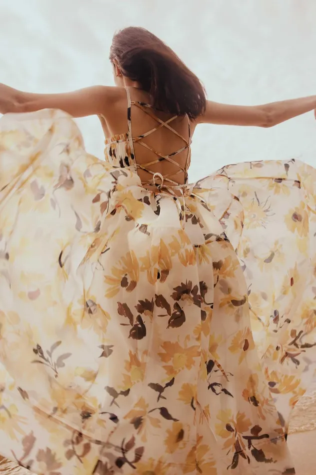 Aje Botanica Cross Back Midi Dress Pressed Sunflowers Women Dresses