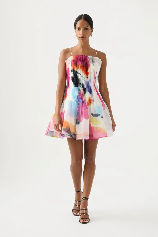 Aje Celestial Pleated Mini Dress Abstract Sunset Women Dresses