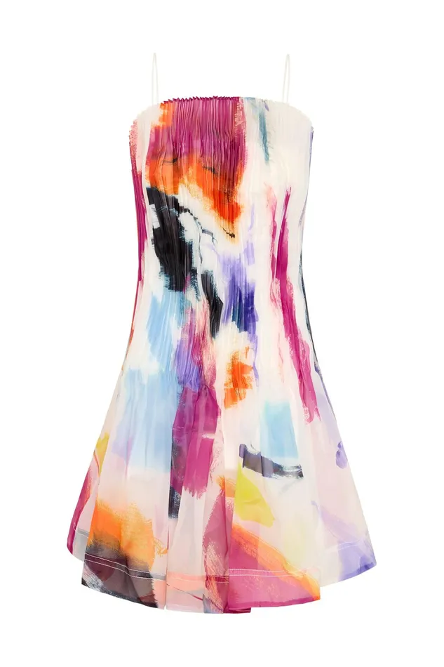 Aje Celestial Pleated Mini Dress Abstract Sunset Women Dresses