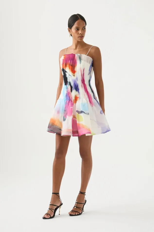 Aje Celestial Pleated Mini Dress Abstract Sunset Women Dresses