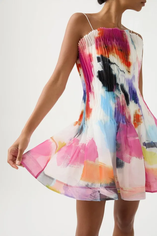 Aje Celestial Pleated Mini Dress Abstract Sunset Women Dresses