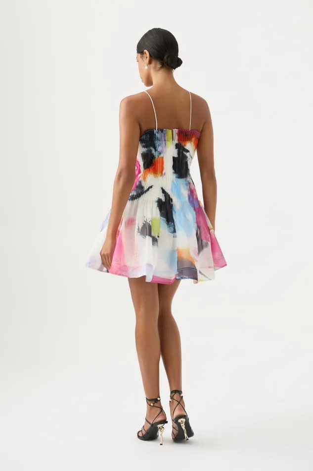 Aje Celestial Pleated Mini Dress Abstract Sunset Women Dresses