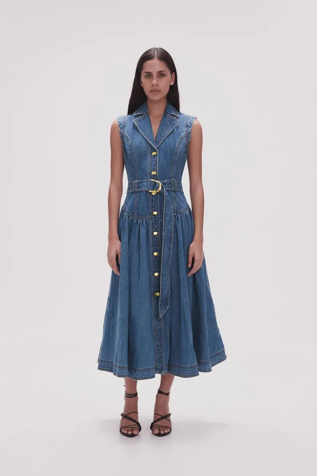 Aje Elena Belted Denim Midi Dress 90039s Wash Women Denim