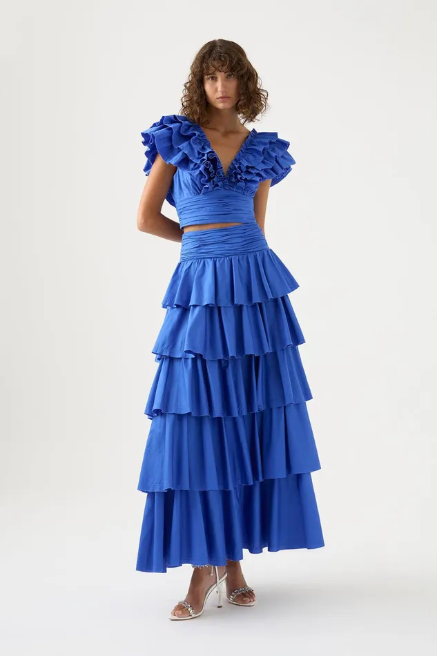 Aje Eleni Tiered Maxi Skirt Marine Blue Women Skirts