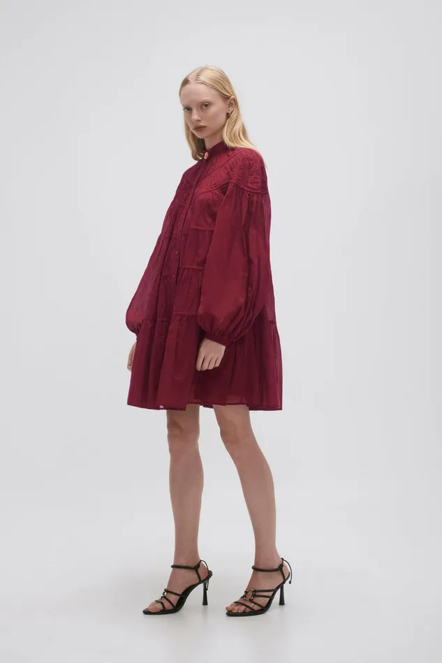 Aje Erika Ruched Tier Mini Dress Mahogany Red Women Dresses