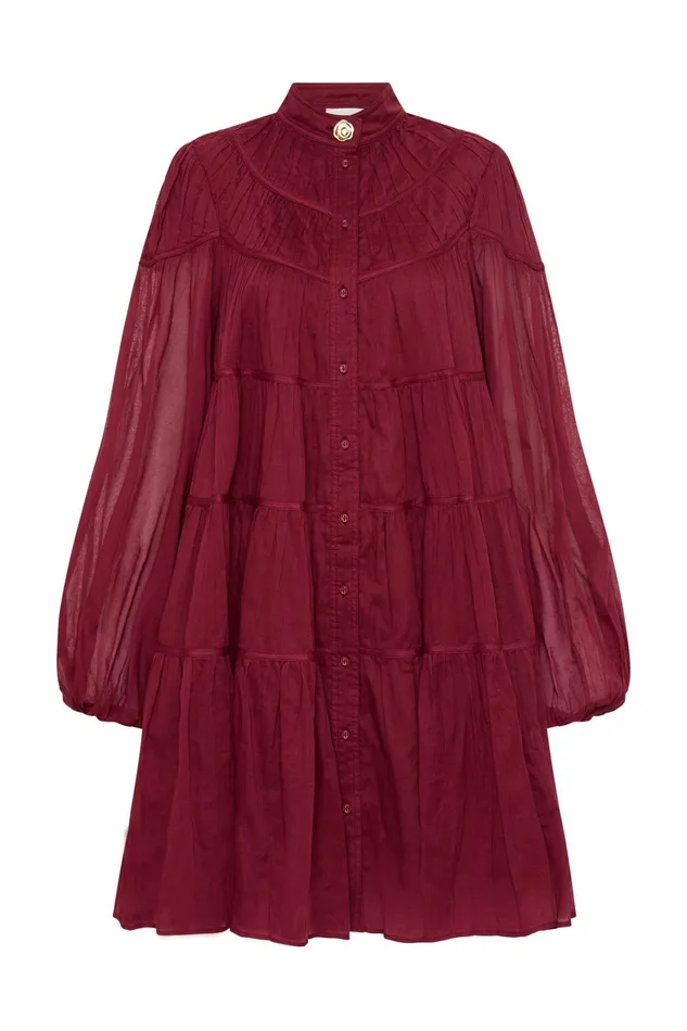 Aje Erika Ruched Tier Mini Dress Mahogany Red Women Dresses