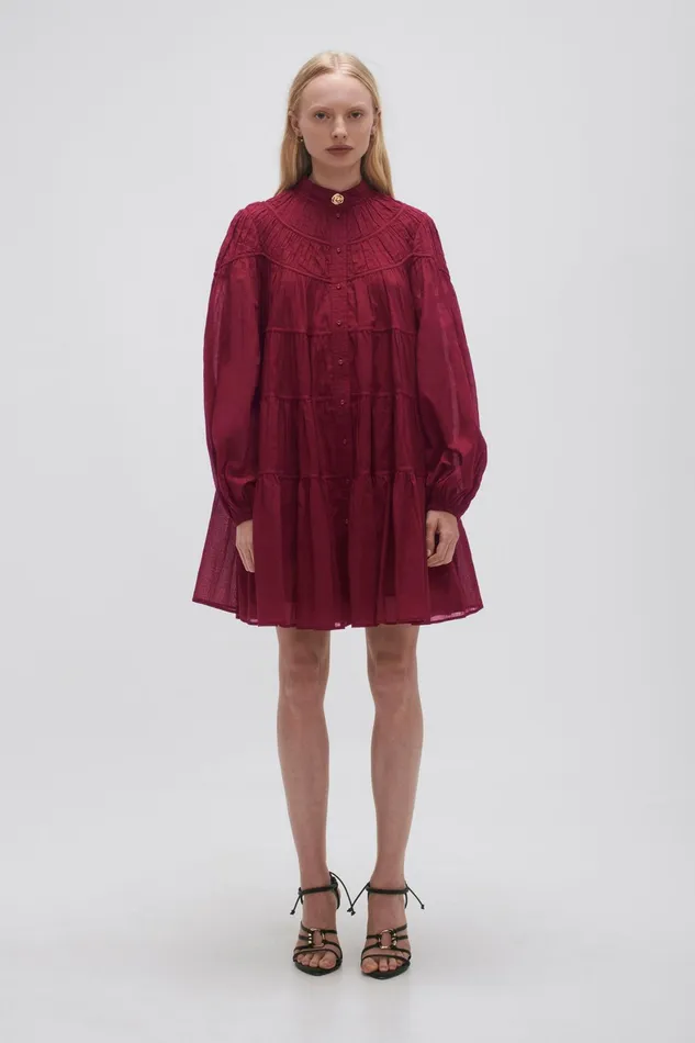 Aje Erika Ruched Tier Mini Dress Mahogany Red Women Dresses
