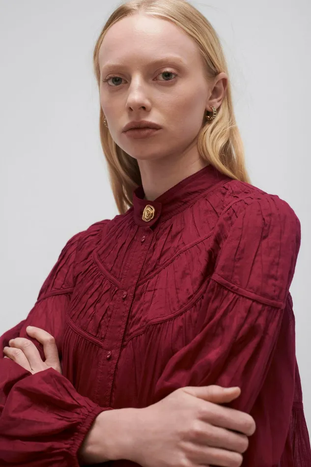 Aje Erika Ruched Tier Mini Dress Mahogany Red Women Dresses