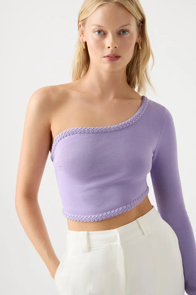 Aje Hyades Braided Long Sleeve Top Lilac Women Body and Crepe Knit