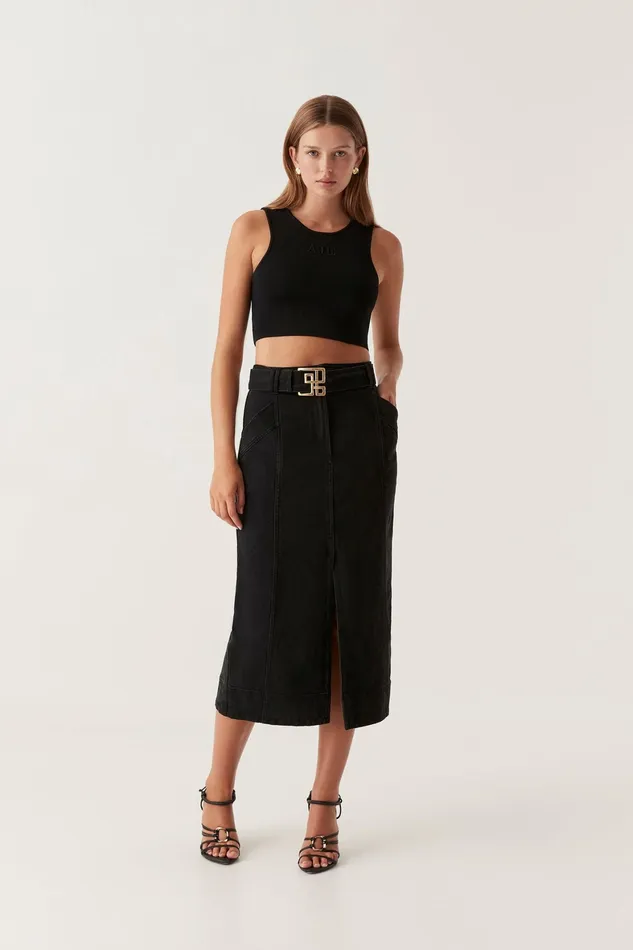 Aje Lola Denim Midi Skirt Black Women Skirts