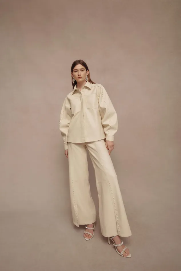 Aje Lumen Pearl Shirt Sandstone Beige Women Tops