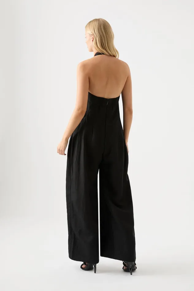 Aje Neo Pleated Halter Jumpsuit Black Women Playsuits and Jumpsuits