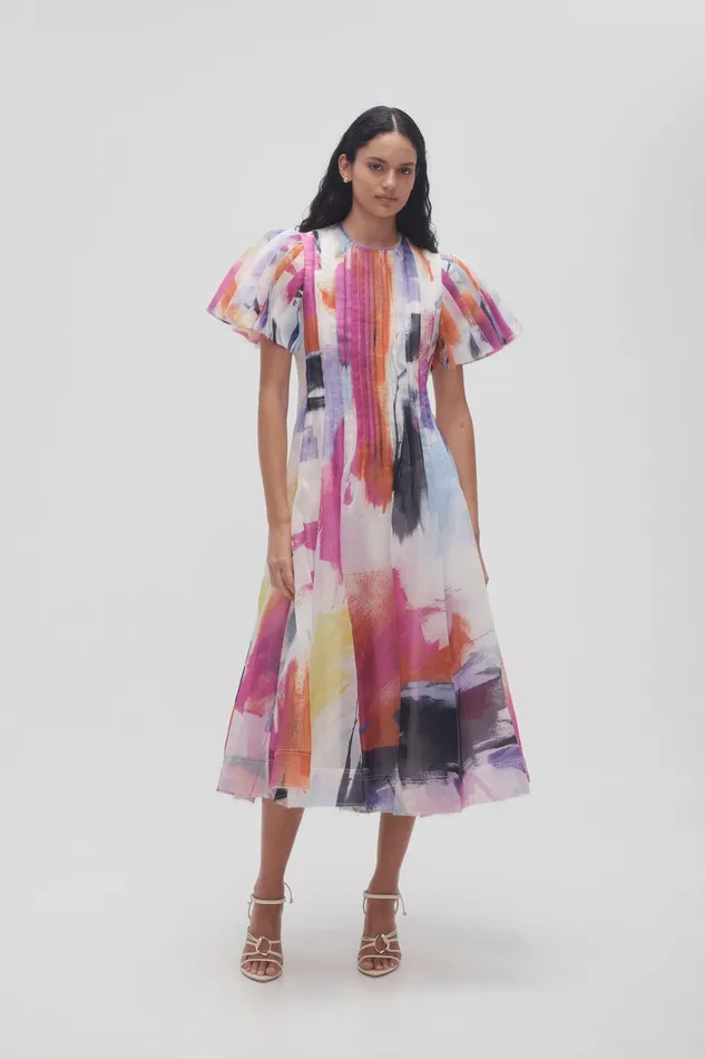 Aje Nova Pleated Midi Dress Abstract Sunset Women Dresses