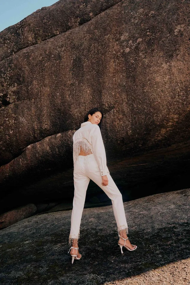Aje Sheen Fringe Denim Shirt White Women Denim