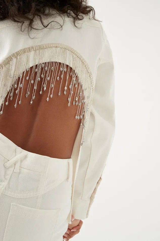 Aje Sheen Fringe Denim Shirt White Women Denim