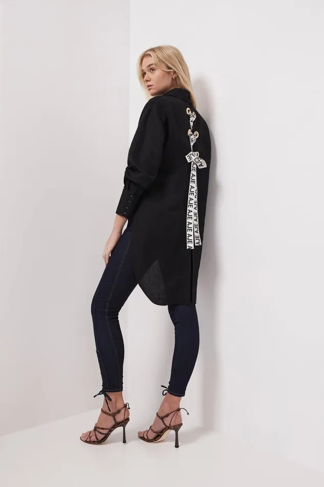Aje Virtuous LaceUp Longline Shirt Blackivory Women Tops