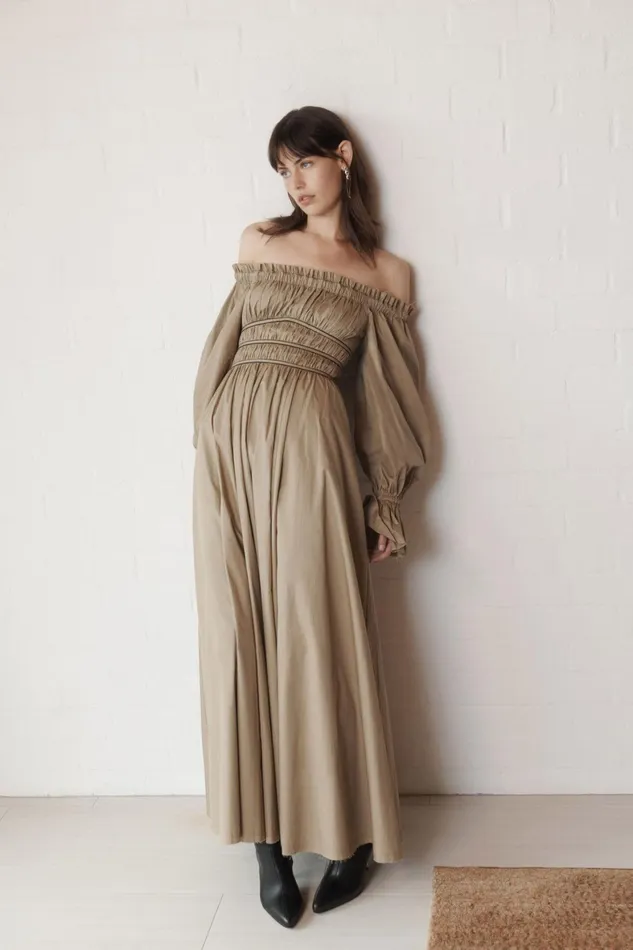 Aje Wattle Off Shoulder Midi Dress Taupe Grey Women Dresses