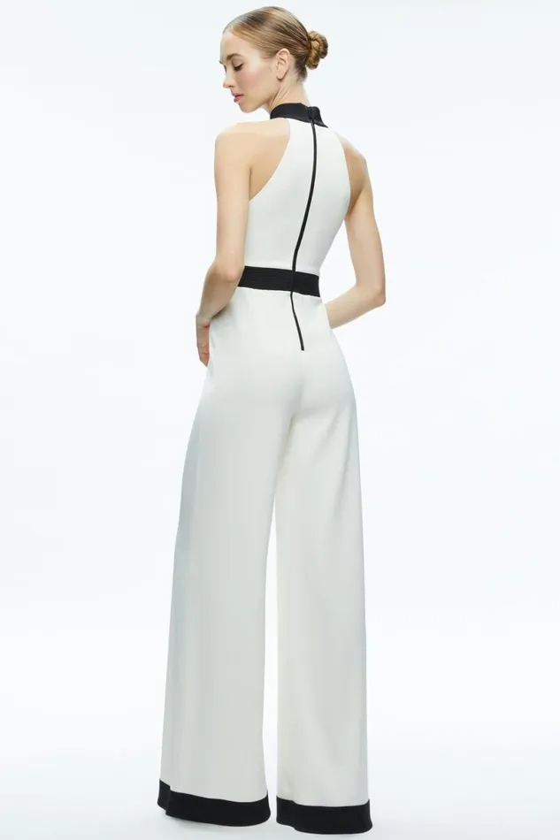 Alice Olivia Cataline High Neck Wide Leg Jumpsuit Off Whiteblack Women Jumpsuits