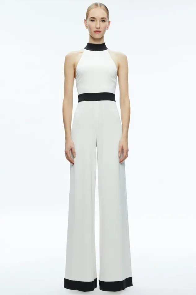 Alice Olivia Cataline High Neck Wide Leg Jumpsuit Off Whiteblack Women Jumpsuits