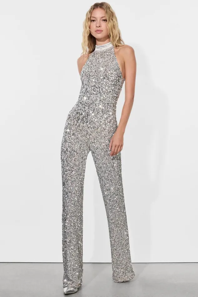 Alice Olivia Cataline Sequin Jumpsuit Silver Women Jumpsuits