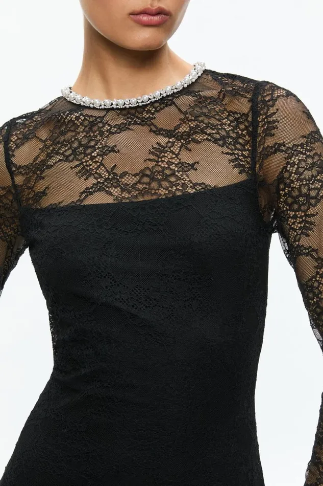 Alice Olivia Delora Embellished Neck Long Sleeve Lace Mini Dress Black Women Dresses