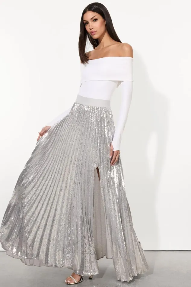 Alice Olivia Ivey Sequin Maxi Skirt Silver Women Skirts