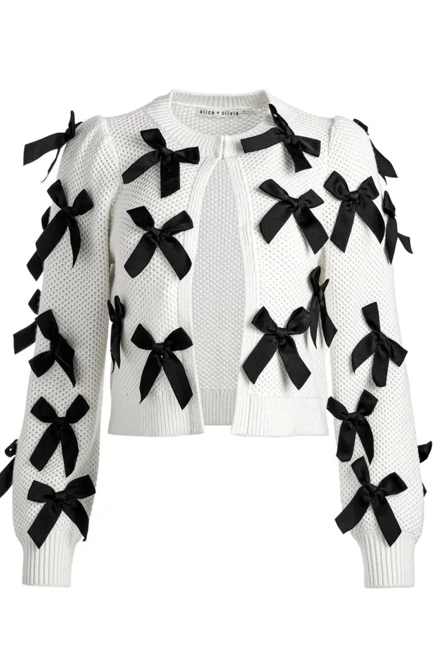 Alice Olivia Kitty Bow Cardigan Soft Whiteblack Women Sweaters
