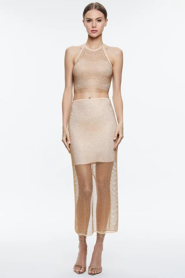 Alice Olivia Maeve Embellished Midi Slip Skirt Almondgold Women Skirts