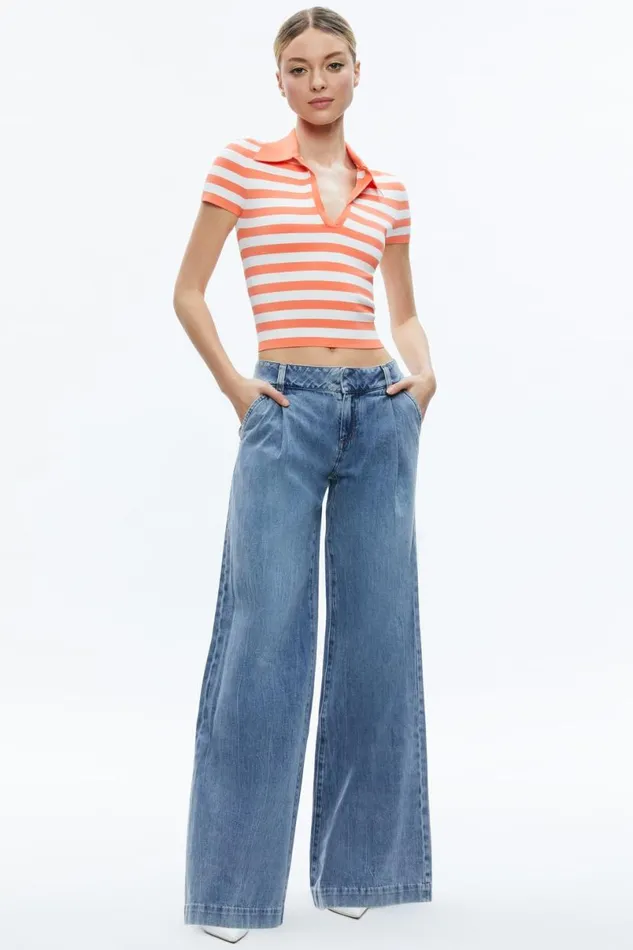 Alice Olivia Martha Striped Polo Coralsoft White Women Tops