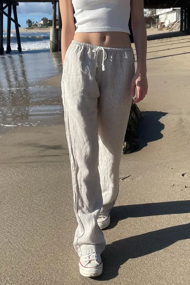 Anastasia Linen Pants White With Beige Stripes Women Brandy Melville Sweatpants and Sweatshirts