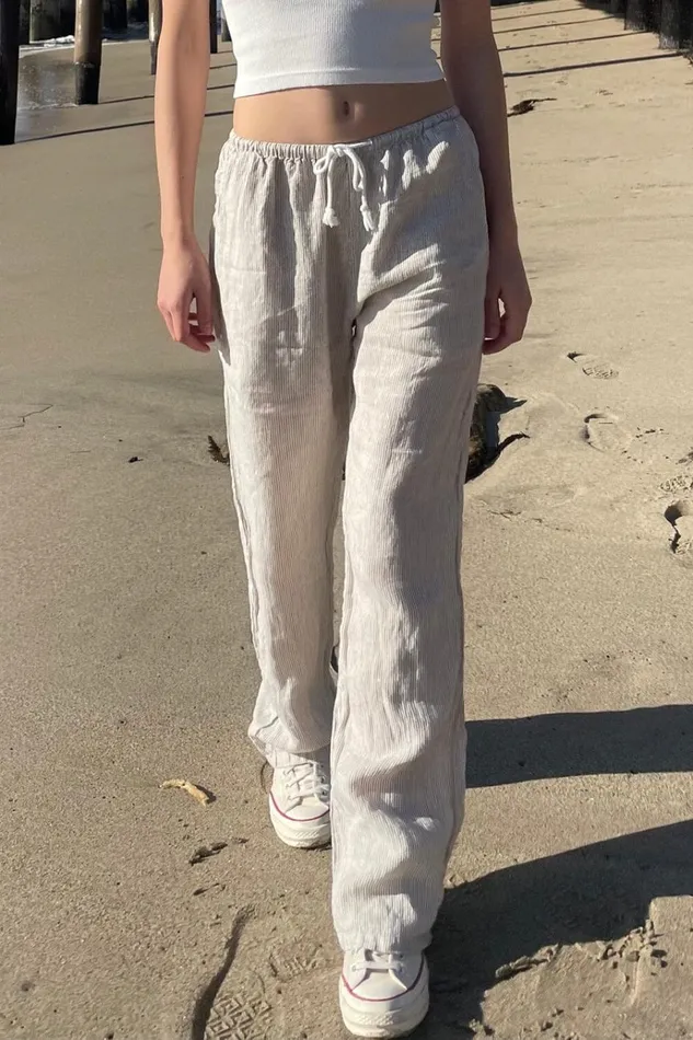 Anastasia Linen Pants White With Beige Stripes Women Brandy Melville Sweatpants and Sweatshirts