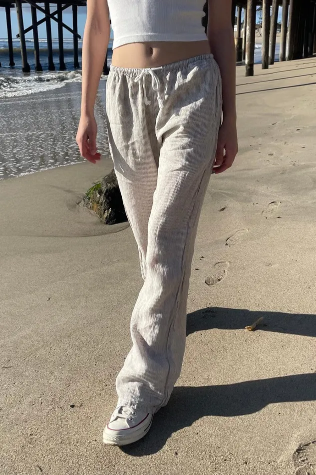 Anastasia Linen Pants White With Beige Stripes Women Brandy Melville Sweatpants and Sweatshirts