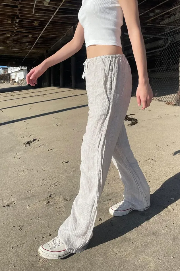 Anastasia Linen Pants White With Beige Stripes Women Brandy Melville Sweatpants and Sweatshirts