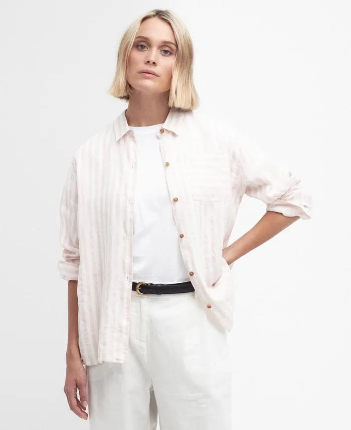 Annie LongSleeved Striped Linen Shirt Primrose Pink Women Barbour Shirts and Blouses