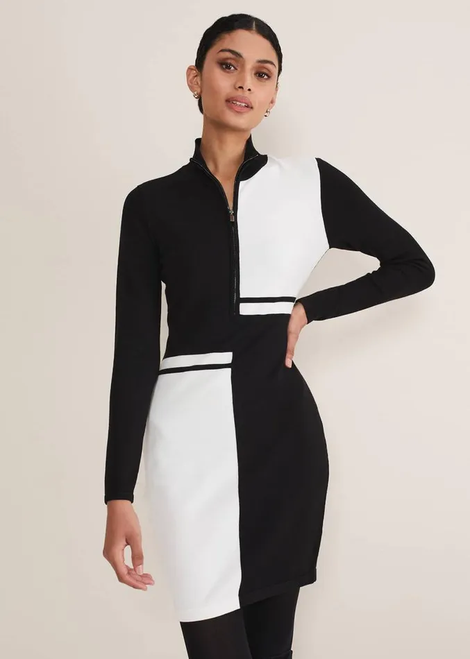 Arden Zip Detail Colourblock Knit Tunic Blackivory Women Phase Eight Dresses
