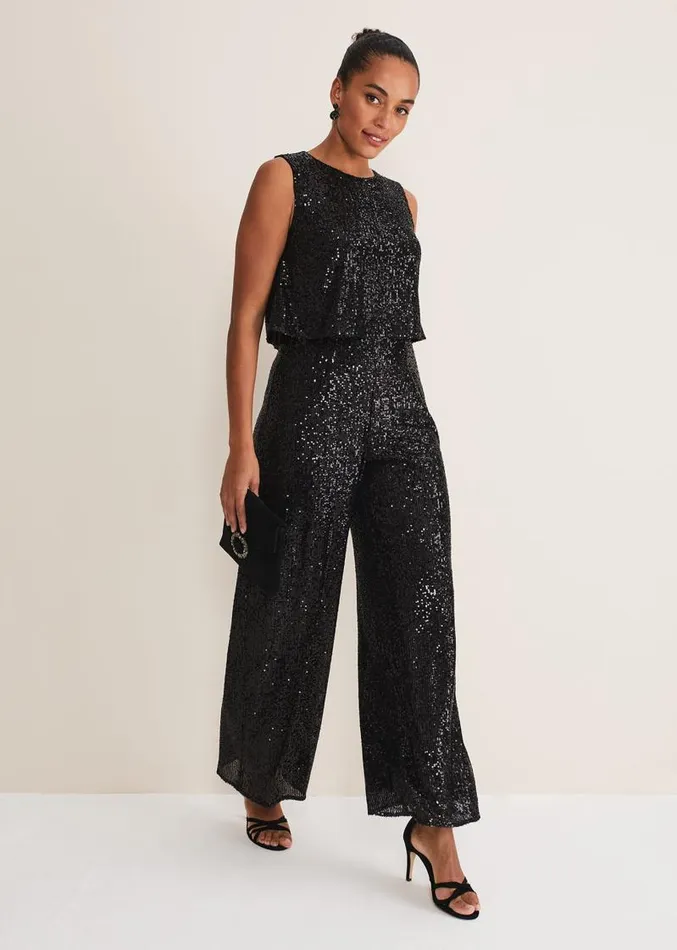 Aubrey Black Sequin Wide Leg Jumpsuit Black Women Phase Eight Dresses