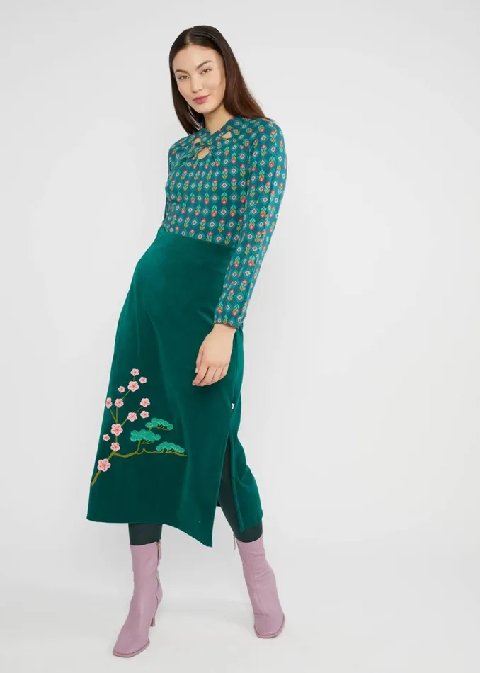 Blutsgeschwister Midi Skirt Velvet Blossom Breeze Green Women Skirts
