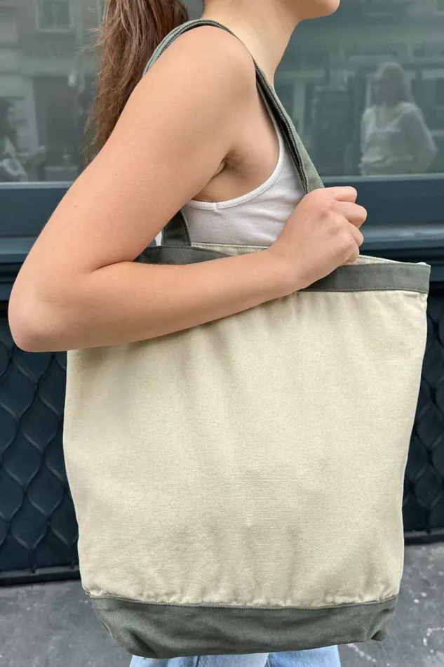 Canvas Tote Bag Ivory And Olive Green Women Brandy Melville Tote Bags