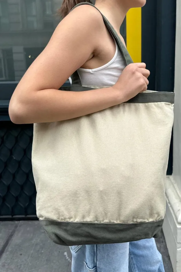 Canvas Tote Bag Ivory And Olive Green Women Brandy Melville Tote Bags