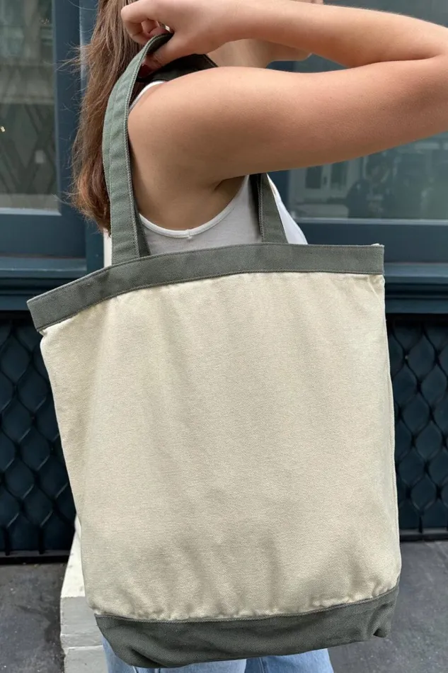 Canvas Tote Bag Ivory And Olive Green Women Brandy Melville Tote Bags