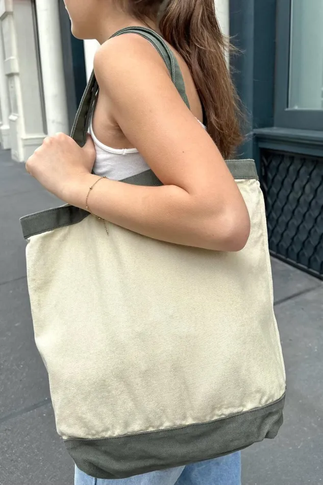 Canvas Tote Bag Ivory And Olive Green Women Brandy Melville Tote Bags