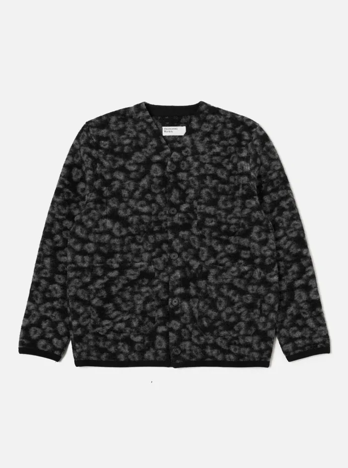 Cardigans Men Universal Works Universal Works Cardigan In BlackCharcoal Leopard Fleece