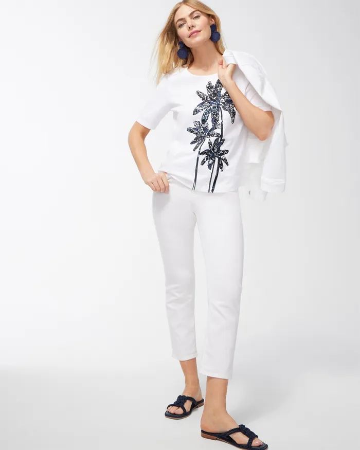 Chico039s Embellished Palms Tee Classic Navy Women Tops
