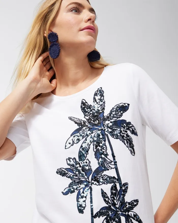 Chico039s Embellished Palms Tee Classic Navy Women Tops
