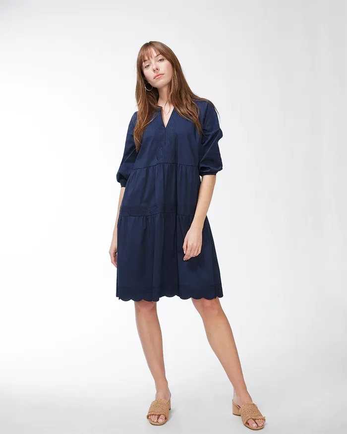 Chico039s Embroidered Tiered Dress Classic Navy Women Dresses and Skirts